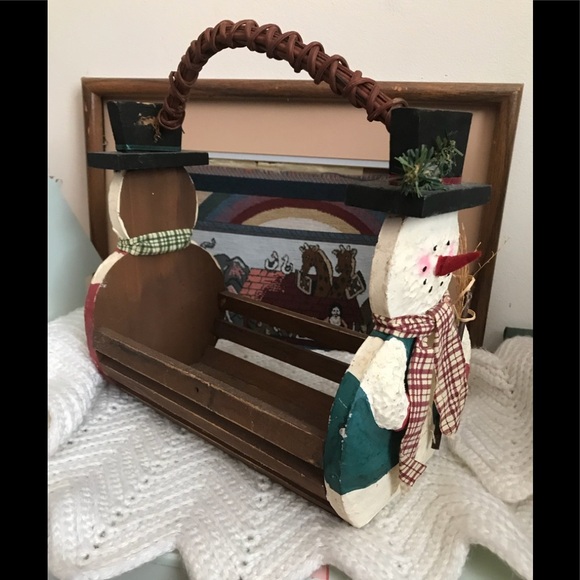 Rare Vintage 70’s Handmade Wood Snowman Basket - Picture 2 of 7